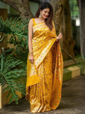 Rajwada Mustard Yellow Silk Blend Zari Work Saree For Women