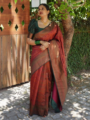 Rajwada Maroon Silk Blend Zari Work Saree For Women