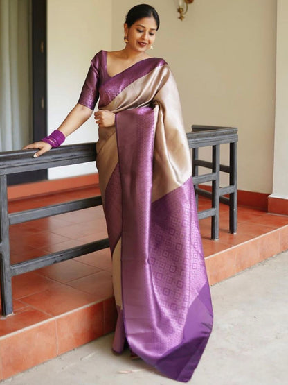 Rajwada Beige Silk Blend Zari Work Saree For Women