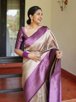 Rajwada Beige Silk Blend Zari Work Saree For Women