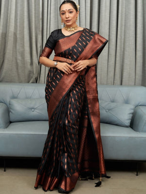 Rajwada Black Silk Blend Zari Work Saree For Women