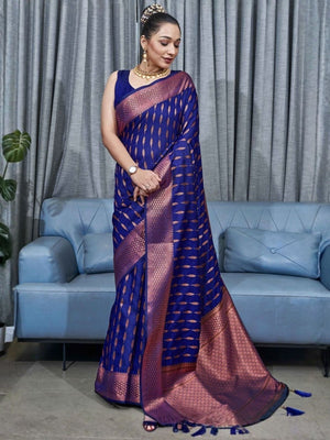 Rajwada Dark Blue Silk Blend Zari Work Saree For Women