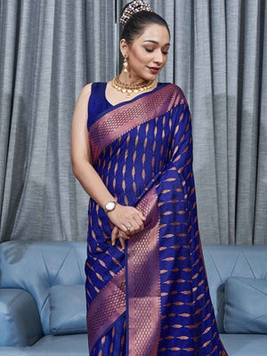 Rajwada Dark Blue Silk Blend Zari Work Saree For Women