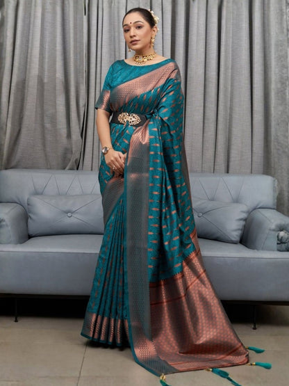 Rajwada Teal Blue Silk Blend Zari Work Saree For Women