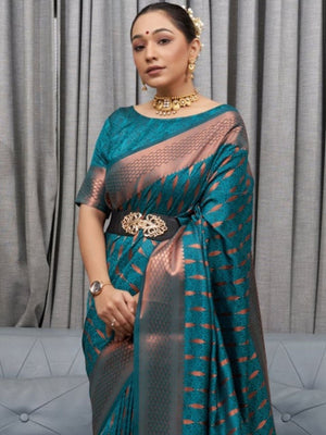 Rajwada Teal Blue Silk Blend Zari Work Saree For Women