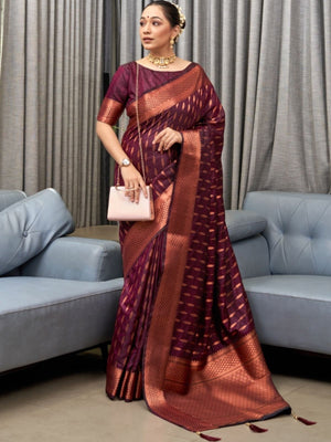Rajwada Dark Maroon Silk Blend Zari Work Saree For Women