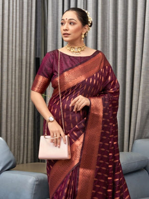 Rajwada Dark Maroon Silk Blend Zari Work Saree For Women