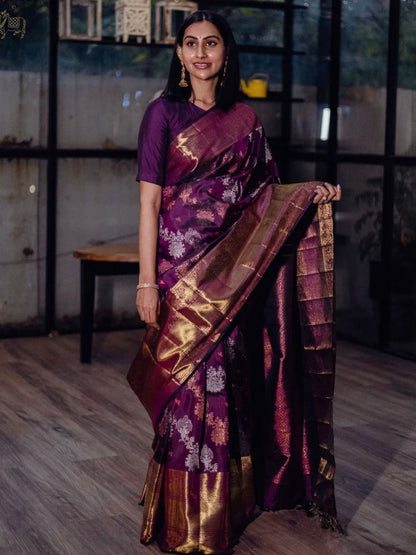 Rajwada Dark Purple Silk Blend Zari Work Saree For Women