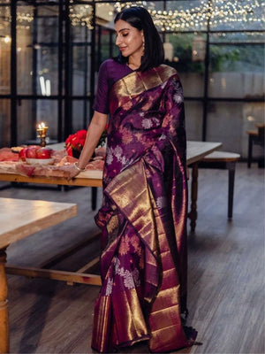 Rajwada Dark Purple Silk Blend Zari Work Saree For Women
