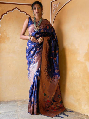 Rajwada Navy Blue Silk Blend Zari Work Saree For Women