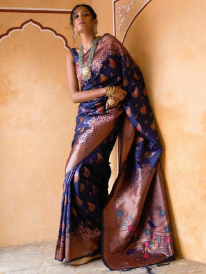 Rajwada Navy Blue Silk Blend Zari Work Saree For Women