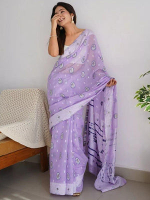 Rajwada Lavender Cotton Solid Saree For Women