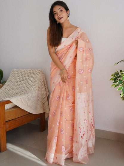 Rajwada Peach Cotton Solid Saree For Women