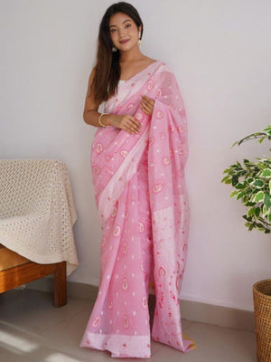 Rajwada Light Pink Cotton Solid Saree For Women