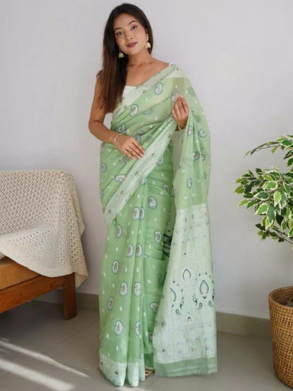 Rajwada Light Green Cotton Solid Saree For Women