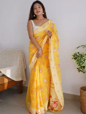 Rajwada Yellow Cotton Solid Saree For Women