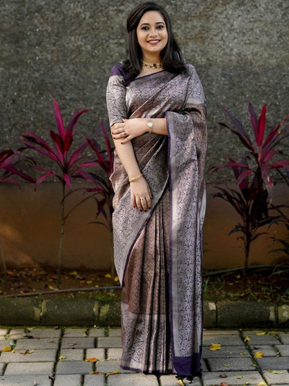 Rajwada Deep Wine Silk Blend Zari Work Saree For Women