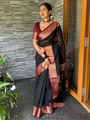 Rajwada Black Silk Blend Zari Work Saree For Women