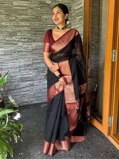 Rajwada Black Silk Blend Zari Work Saree For Women