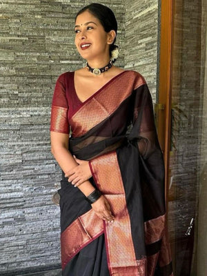 Rajwada Black Silk Blend Zari Work Saree For Women