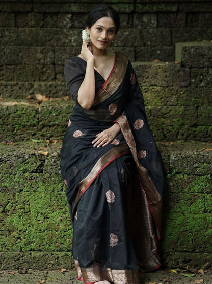 Rajwada Black Silk Blend Zari Work Saree For Women