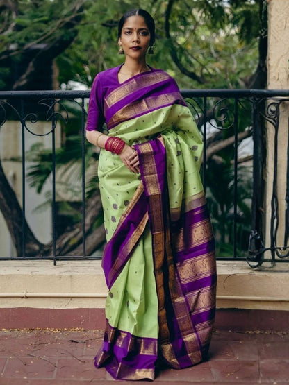 Rajwada Green And Purple Silk Blend Zari Work Saree For Women