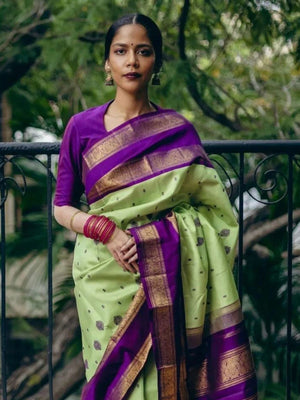 Rajwada Green And Purple Silk Blend Zari Work Saree For Women