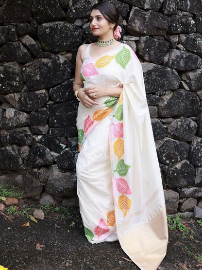 Rajwada Off White Silk Blend Solid Saree For Women