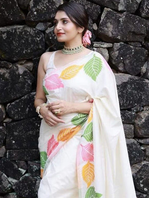 Rajwada Off White Silk Blend Solid Saree For Women