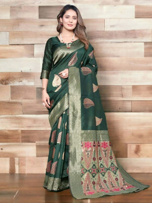 Rajwada Dark Green Silk Blend Zari Work Saree For Women