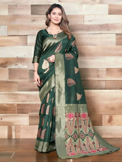 Rajwada Dark Green Silk Blend Zari Work Saree For Women