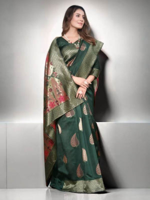 Rajwada Dark Green Silk Blend Zari Work Saree For Women
