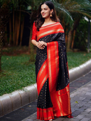 Rajwada Black And Red Silk Blend Zari Work Saree For Women