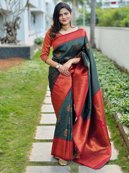 Rajwada Green And Red Silk Blend Zari Work Saree For Women