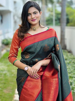 Rajwada Green And Red Silk Blend Zari Work Saree For Women
