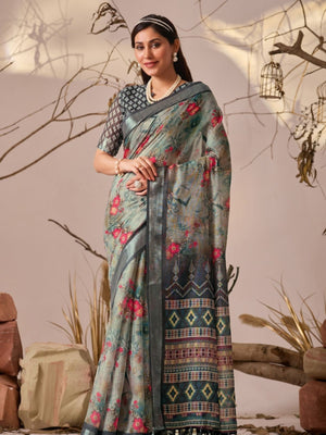Rajwada Grey Silk Blend Printed Saree For Women