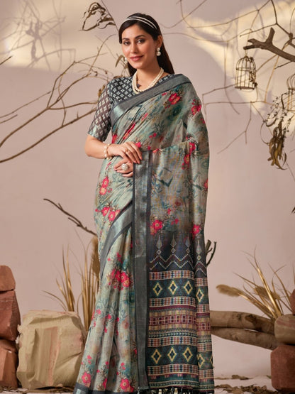Rajwada Grey Silk Blend Printed Saree For Women