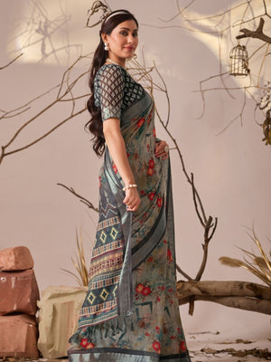 Rajwada Grey Silk Blend Printed Saree For Women