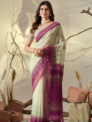Rajwada Off White Silk Blend Printed Saree For Women