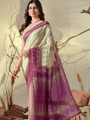 Rajwada Off White Silk Blend Printed Saree For Women