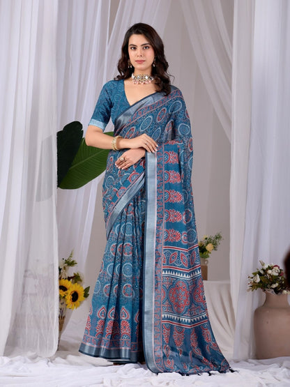 Rajwada Teal Blue Silk Blend Printed Saree For Women