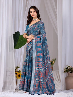 Rajwada Teal Blue Silk Blend Printed Saree For Women