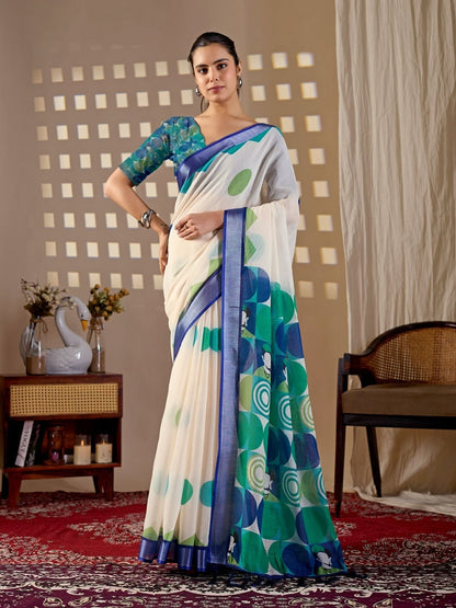 Rajwada White Silk Blend Printed Saree For Women