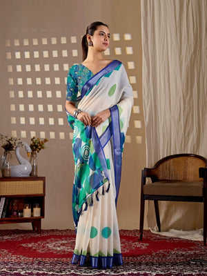 Rajwada White Silk Blend Printed Saree For Women