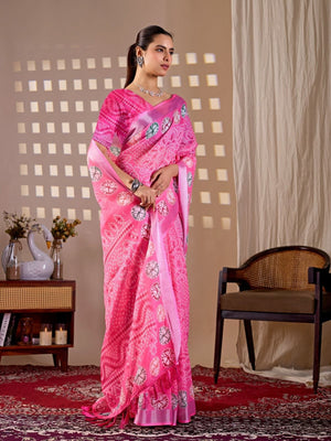 Rajwada Pink Silk Blend Printed Saree For Women
