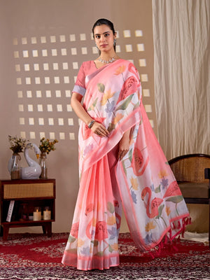 Rajwada Peach Pink Silk Blend Printed Saree For Women