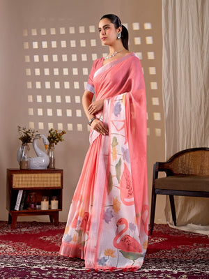 Rajwada Peach Pink Silk Blend Printed Saree For Women