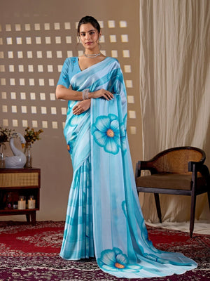 Rajwada Light Blue Silk Blend Printed Saree For Women