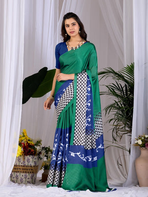 Rajwada Aqua Green Silk Blend Printed Saree For Women