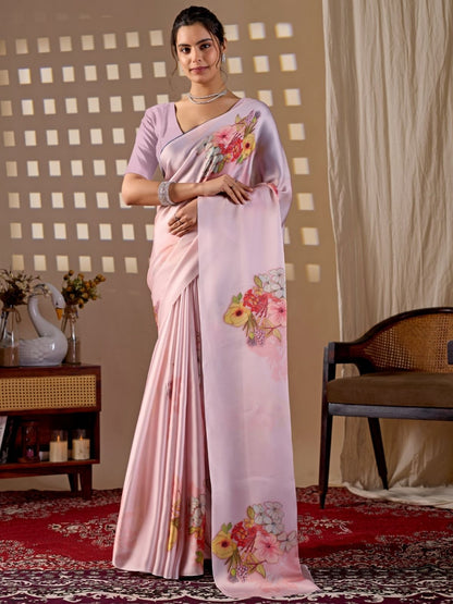 Rajwada Light Pink Satin Solid Saree For Women